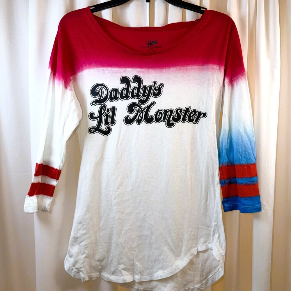 Daddy's Lil Monster Long Sleeve Tee - Pink Ombre White with Red & Blue Accents